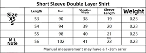 Detailed size guide for casual short sleeve double-layer shirt with measurements in CM