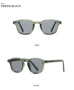 Vistas detalladas de gafas de sol retro verdes translúcidas con cristales de color gris oscuro