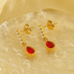 Chic 18K gold plated titanium drop earrings with white pearls and red waterdrop zircon gems