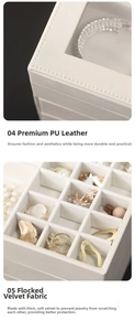 Detail of luxury jewelry box featuring cream PU leather and soft velvet inner lining