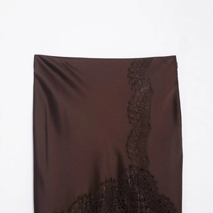 Elegant dark brown satin midi skirt with delicate eyelash lace trim for women