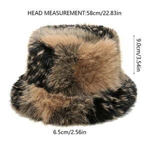 Detailed size specifications for leopard print faux fur bucket hat with dimensions