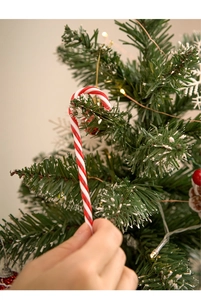 Close-up of hand hanging red and white striped candy cane ornament on a Christmas tree
