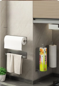 Detail view of gun-grey aluminum kitchen rack holding paper towels and cling film