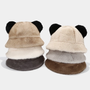 Plush bucket hat with bear ears in multiple winter colors including camel and beige
