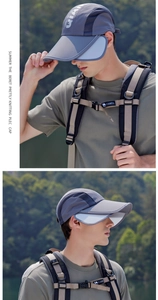 Detail view of breathable side mesh and retractable wide brim on gray outdoor sun hat