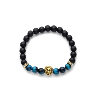 Tiger eye and matte black stone beaded bracelet with golden lion head charm for men and women