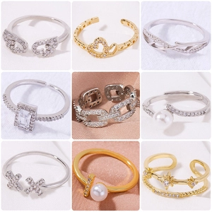 Copper Cubic Zirconia Adjustable Opening Ring For Women Vintage Heart Star Faux Artificial Pearl Elegant Minimalist Jewelry
