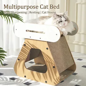 Casetta per gatti 2 in 1 in legno con tiragraffi e piattaforma relax ricurva