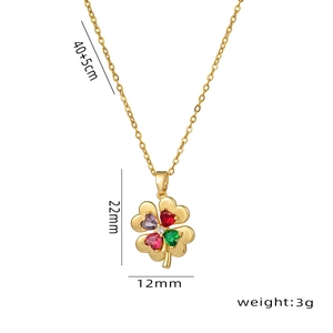 Titanium steel four-leaf clover necklace with colorful heart-shaped cubic zirconia
