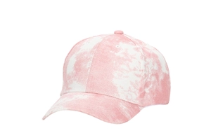 Detail of pink and white tie-dye cotton canvas baseball cap with curved brim and stitching