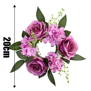 Artificial 20cm purple rose and hydrangea candle ring wreath for festive home decoration