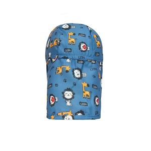 Detail of windproof blue sun hat for kids featuring cartoon lion and giraffe patterns