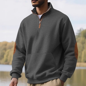 Herren Quilt-Sweatshirt in Grau mit Stehkragen, Reißverschluss und braunen Patches