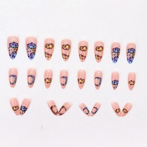 Long almond press-on nails featuring hand-painted clouds, colorful raindrops and moon patterns