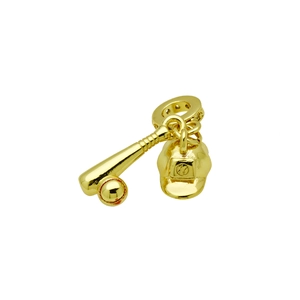 Detailed close-up of golden baseball-themed charm featuring a bat, ball, and helmet