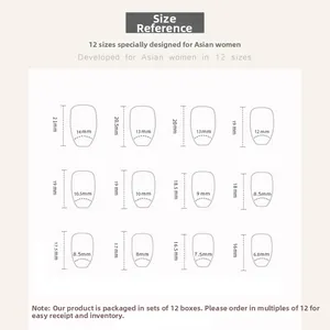 Detailed size chart showing 12 different dimensions for T-shaped press-on false nails