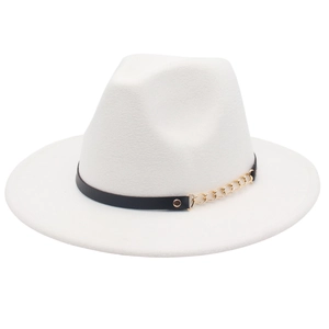Detail view of white wide brim fedora with black leather band and gold chain decoration