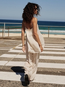 Women's summer two-piece polka dot camisole and wide-leg trousers set in beige