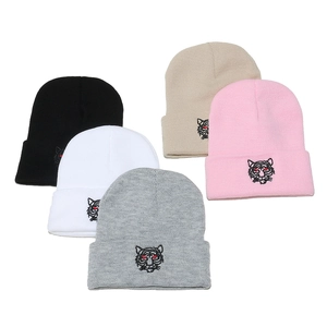 Tiger Head Embroidery Acrylic Knitted Beanie Hat Winter Warm Cuffed Skull Cap Streetwear Hip Hop For Men Women