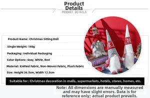 Detailed size chart for Christmas gnomes showing 36.5cm height and soft plush fabrics