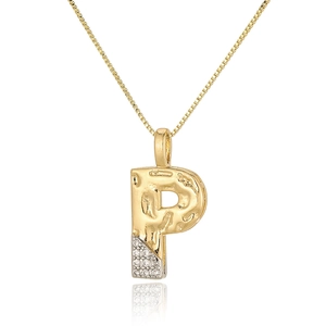 Macro shot of gold-plated letter P pendant with textured surface and pavé zircon stones
