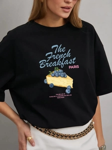 Women's 100% cotton black T-shirt with French breakfast print and stylish graphic design
