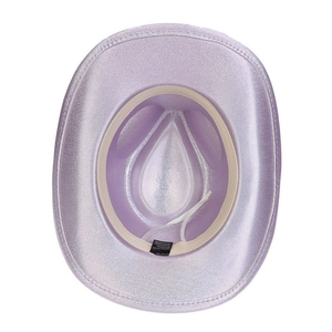 Detail of lilac glitter cowboy hat showing inner lining and fabric care label