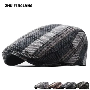 Men's vintage tweed newsboy cap in checkered wool blend, autumn winter warm beret hat