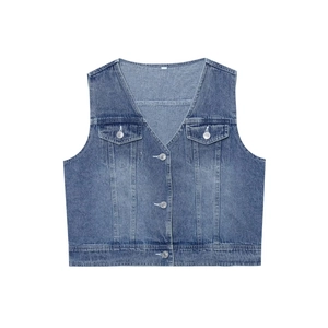 Gilet en jean bleu clair délavé pour femme avec col en V et boutons à simple boutonnage