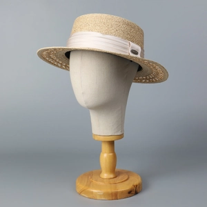 Flat top straw boater hat with beige satin ribbon and elegant metal buckle