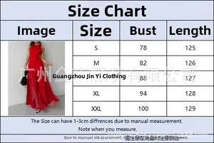 Size guide for sleeveless red high-slit maxi dress featuring detailed measurements S-XXL