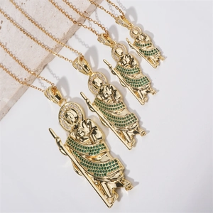 St Jude Pendant Necklace Copper Gold Plated Green White Cubic Zirconia Religious Hip Hop Jewelry For Men Women