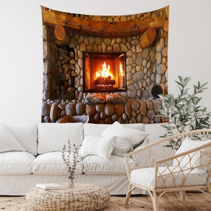 Realistic stone fireplace wall tapestry for home decor showing warm burning fire detail