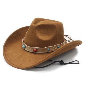 Classic brown suede western cowboy hat with ethnic beaded band and windproof rope