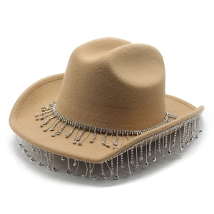 Western cowboy felt hat in khaki with sparkling silver rhinestone fringe on white background