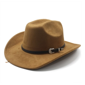 Classic brown suede western cowboy hat with a black leather band and silver buckle