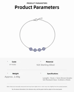 Detail view of 925 sterling silver evil eye bracelet with blue zircons and size specs