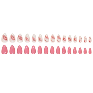 Faux ongles amande brillants avec motifs floraux et finition rose sur fond blanc