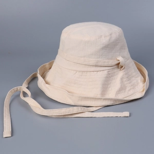 Bucket Hat Women Cotton Wide Brim Sun Hat With Straps Foldable Summer Beach Travel Solid Color Fashion