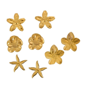 Golden stainless steel earring set featuring floral patterns and starfish designs