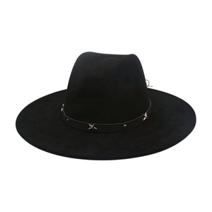 Black suede fedora hat with wide brim and leather band featuring silver star studs