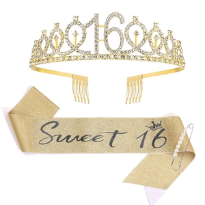 Detailed view of Sweet 16 birthday set with gold rhinestone crown, sash, and pearl pin