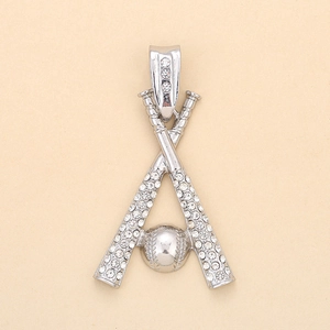 Detailed view of silver baseball and bat pendant necklace with sparkling rhinestones
