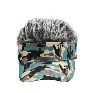 Macro detail of camouflage wig baseball cap featuring realistic grey hair and thick canvas fabric