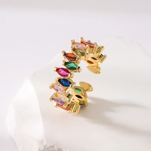 Luxurious gold-plated open ring with colorful marquise-cut cubic zirconia on a stone base