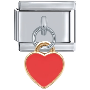 Detail of silver modular link with a gold heart pendant in red enamel finish