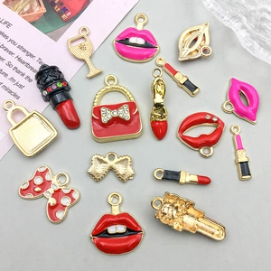 DIY alloy enamel charms set featuring red lipstick, bow, and high heel with gold plating