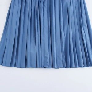 Französisches elegantes blaues Plissee-Kleid mit Tweed-Textur und Rundhals für Damen