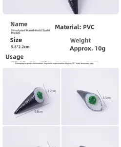 Detailed view of PVC sushi hand-roll model showing rice and seaweed texture, size 5.8x2.2cm